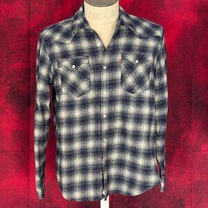 LEVI'S CLASSIC WESTERN FLANEL SHIRT, BLUE & WHITE PLAID PEARL SNAP BUTTONS, L